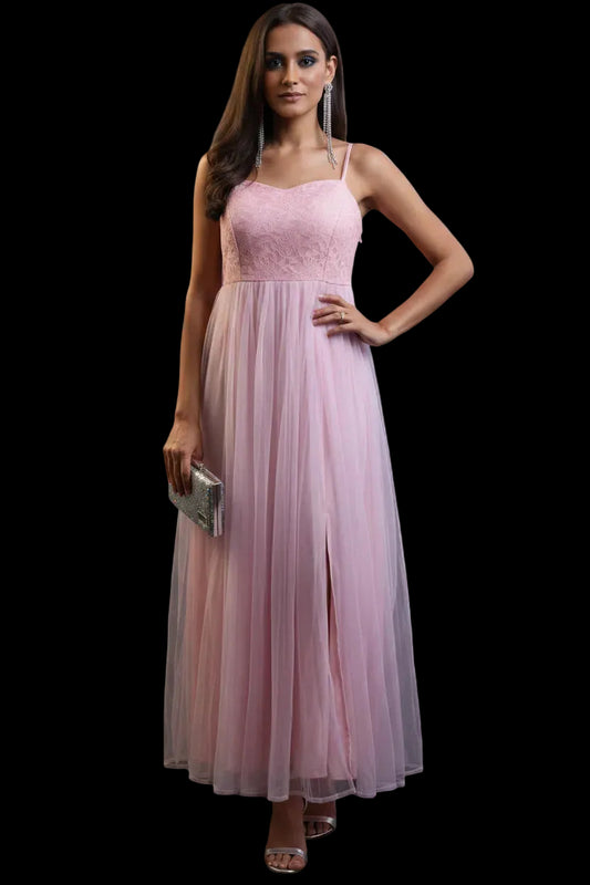 Outform Women's Pink Lace Maxi Slit Dress | Sleeveless Party Dress