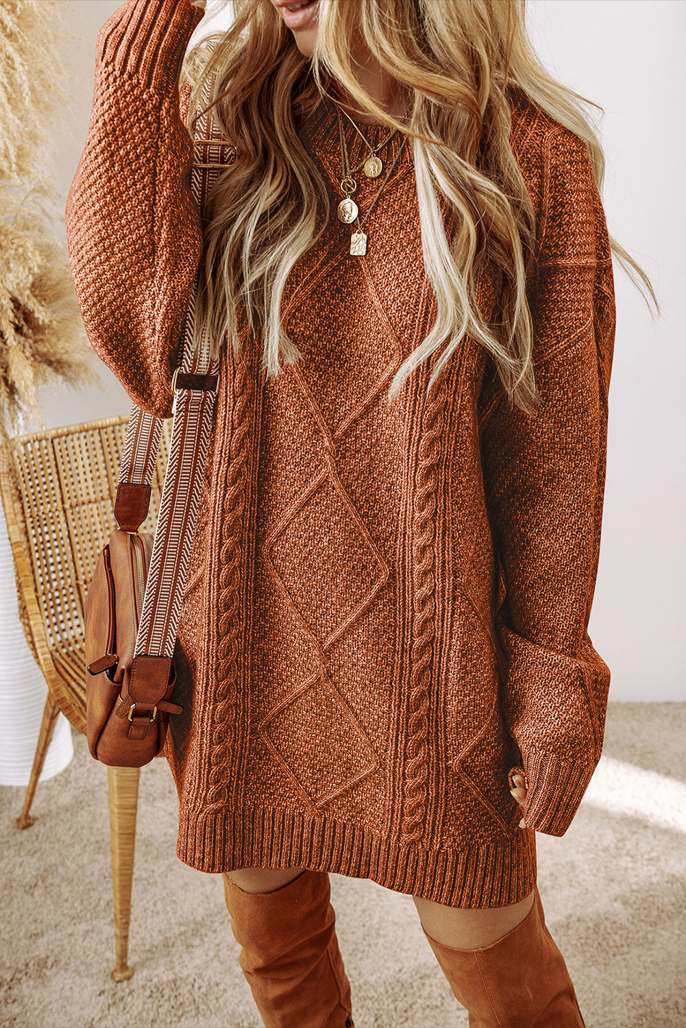 Outform Black Twist Cable Knit Drop Shoulder Loose Fit Sweater Dress