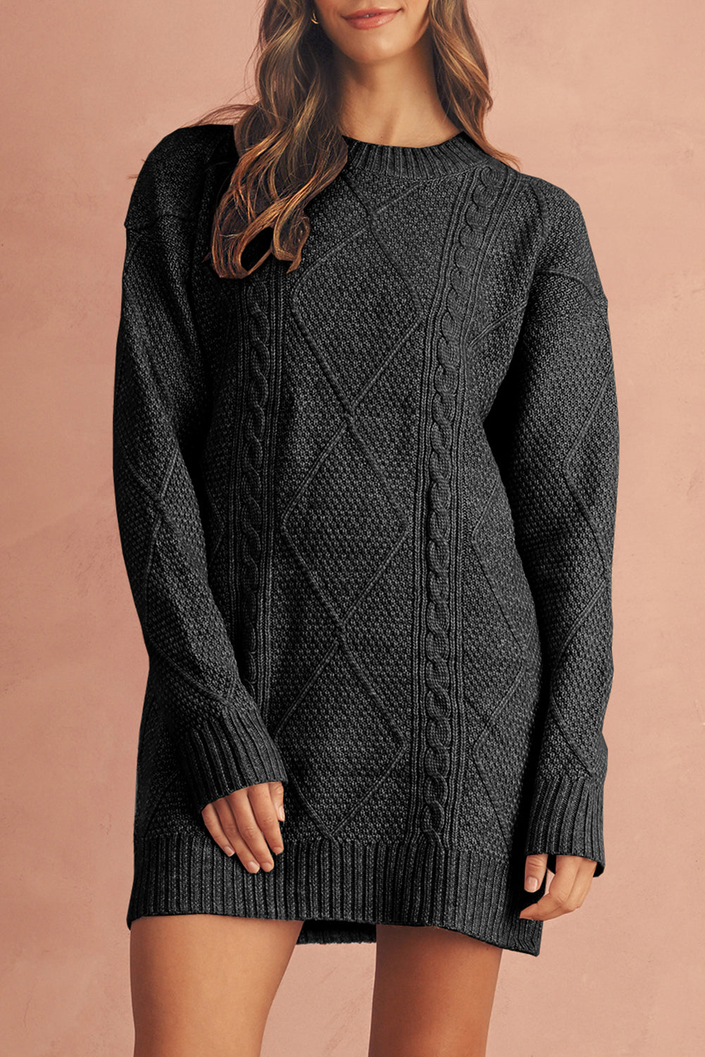 Outform Black Twist Cable Knit Drop Shoulder Loose Fit Sweater Dress
