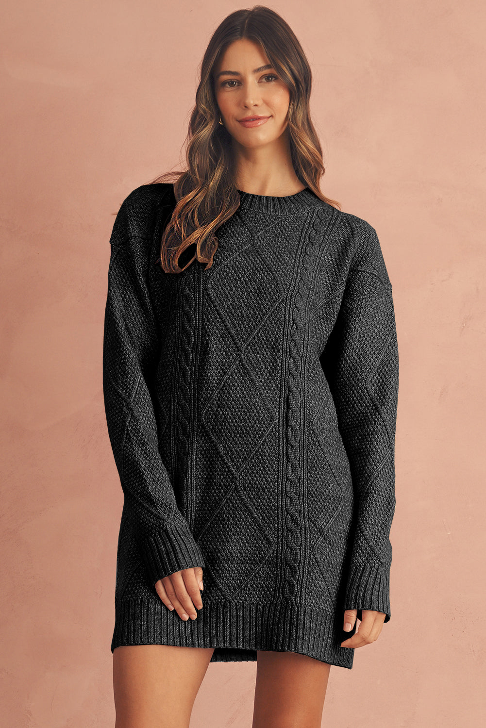 Outform Black Twist Cable Knit Drop Shoulder Loose Fit Sweater Dress