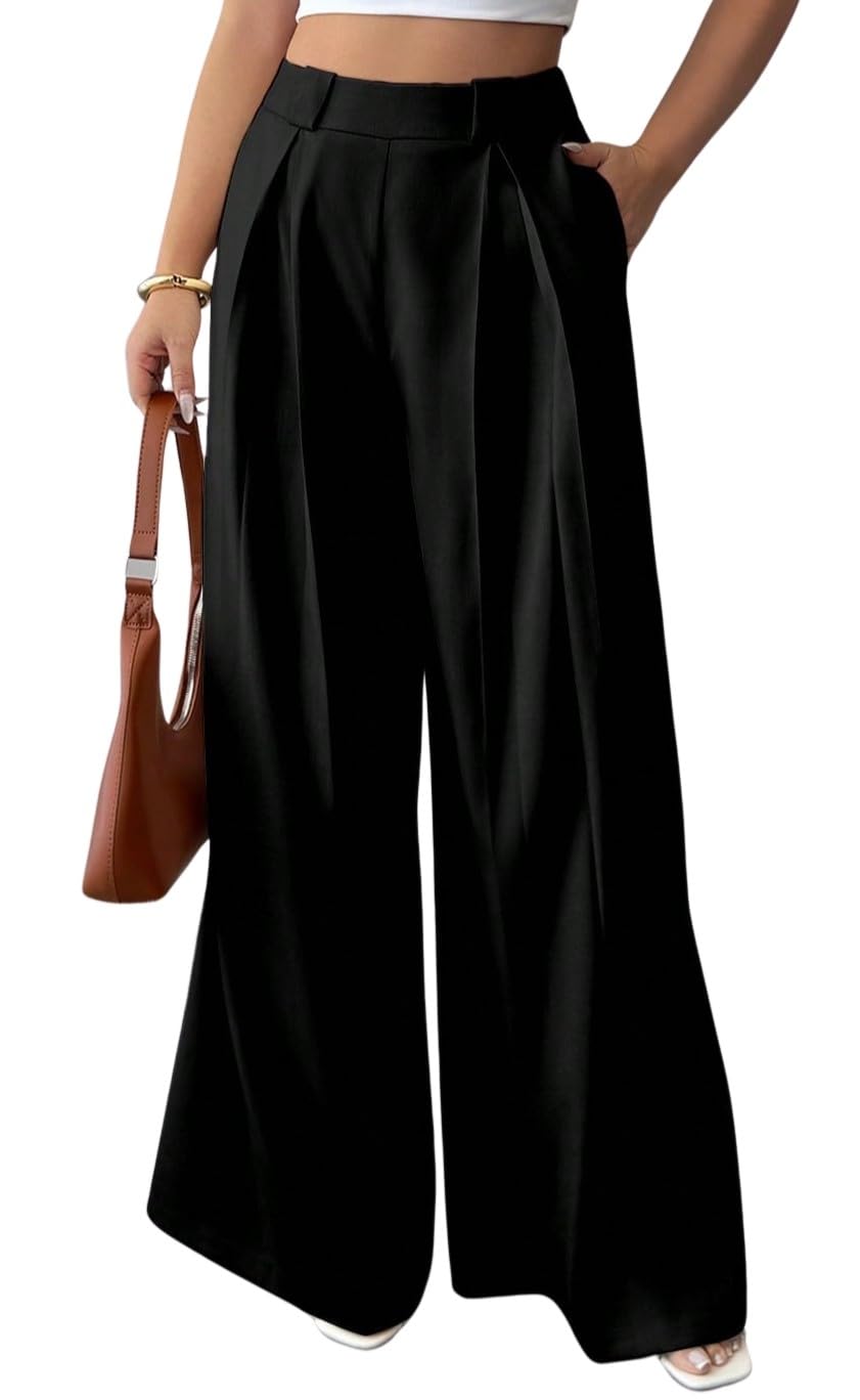 Aahwan Solid High Waist Straight Korean Loose Pleated Wide Leg Trouser for Women's & Girl's