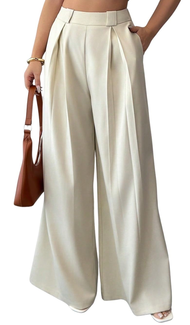 Aahwan Solid High Waist Straight Korean Loose Pleated Wide Leg Trouser for Women's & Girl's