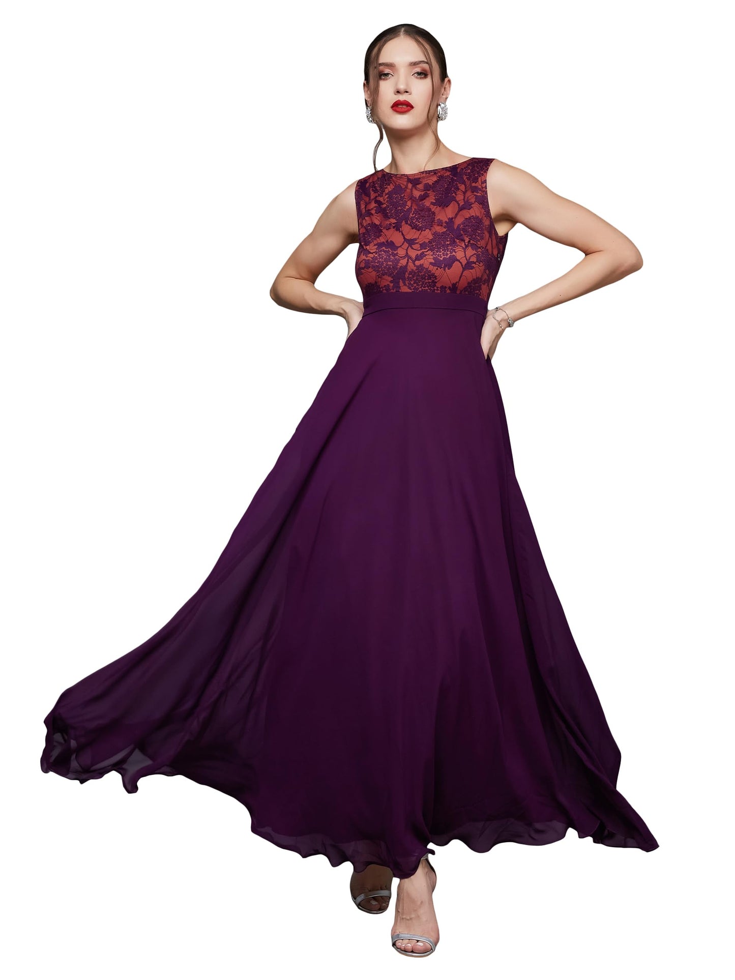 Outform Women's Brick Red & Dusty Green Boat Neck Sleeveless Lace Overlaid Regular Dress