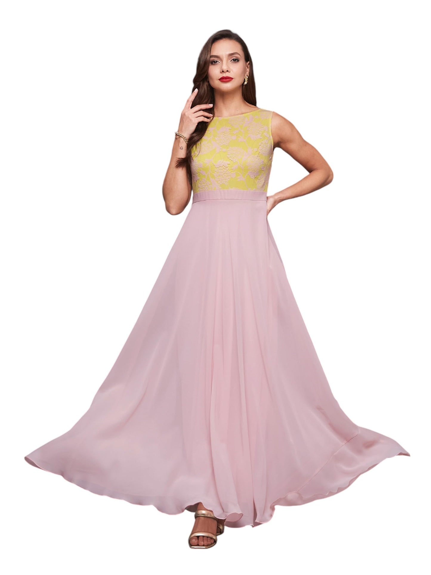 Outform Women's Brick Red & Dusty Green Boat Neck Sleeveless Lace Overlaid Regular Dress
