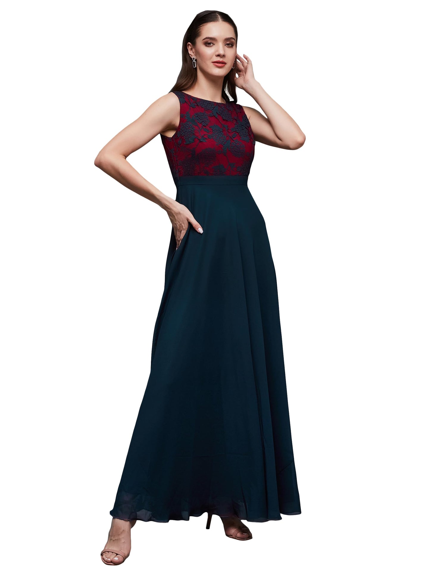 Outform Women's Brick Red & Dusty Green Boat Neck Sleeveless Lace Overlaid Regular Dress