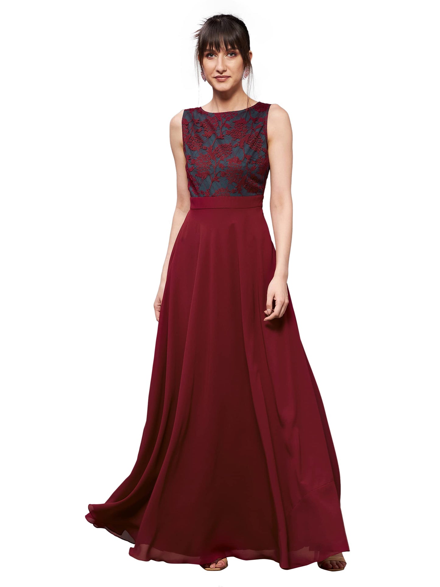 Outform Women's Brick Red & Dusty Green Boat Neck Sleeveless Lace Overlaid Regular Dress