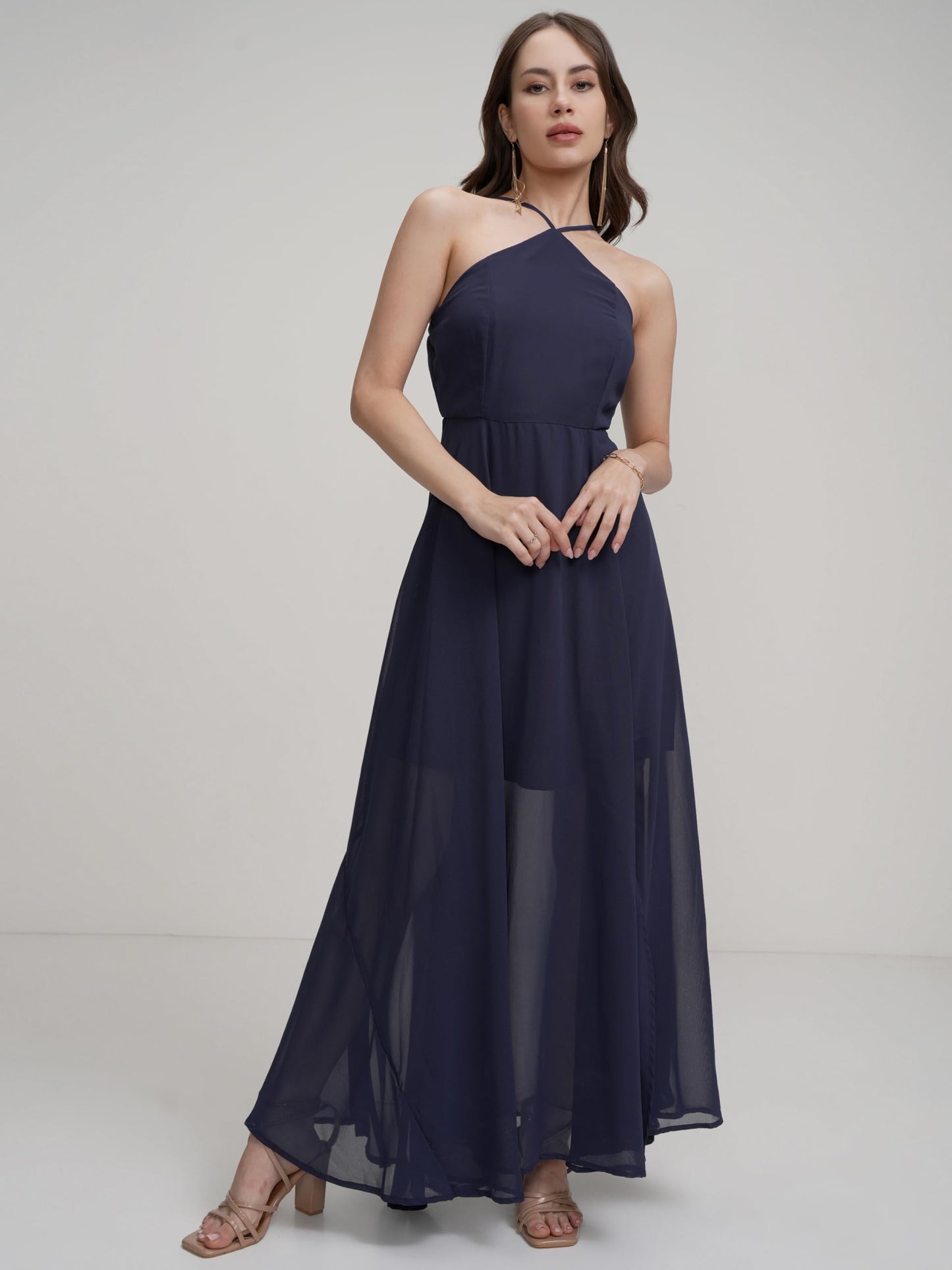 Outform Women's Halter Neck Flowy Maxi Dress | Cinched Waist | Elegant & Airy Silhouette
