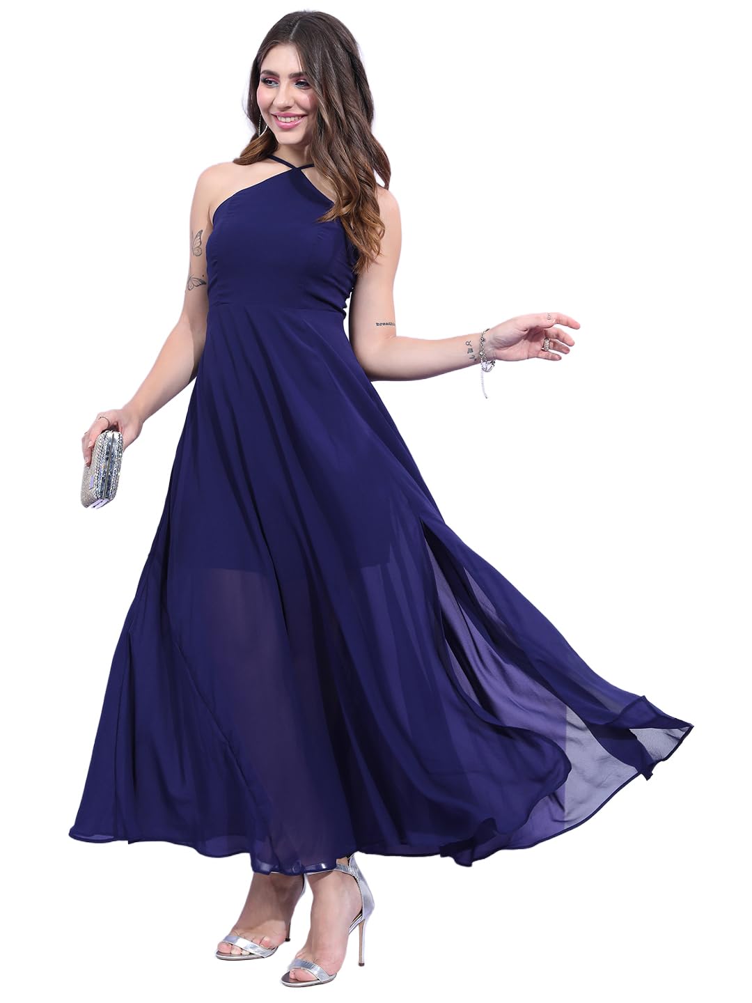 Outform Women's Halter Neck Flowy Maxi Dress | Cinched Waist | Elegant & Airy Silhouette