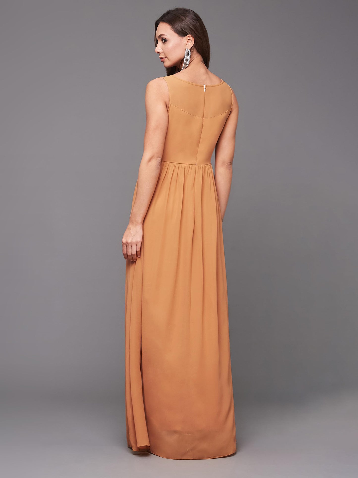 Outform Women's Dusty Pink Boat Neck Sleeveless Embellished Gathered Regular Dress