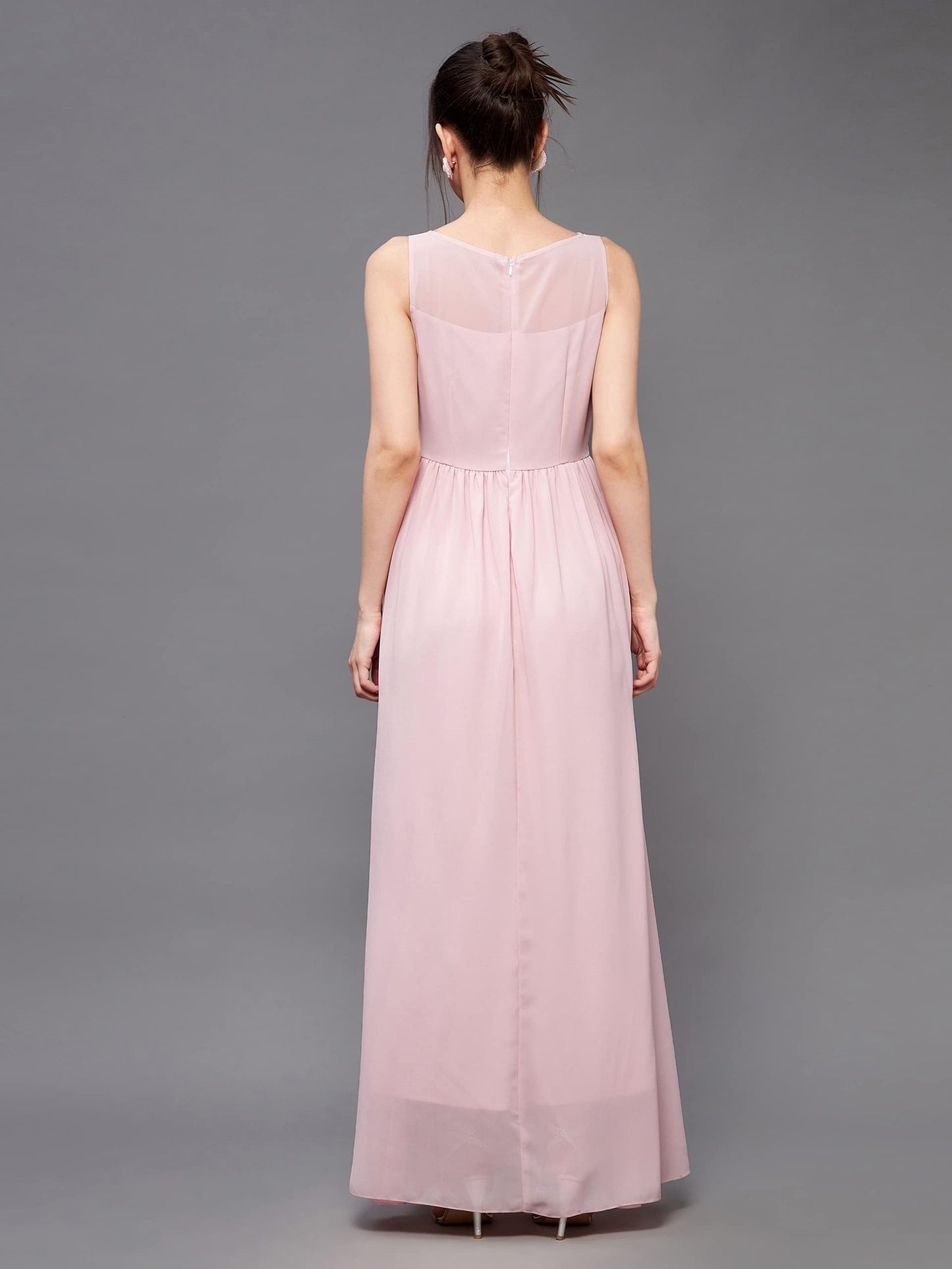 Outform Women's Dusty Pink Boat Neck Sleeveless Embellished Gathered Regular Dress