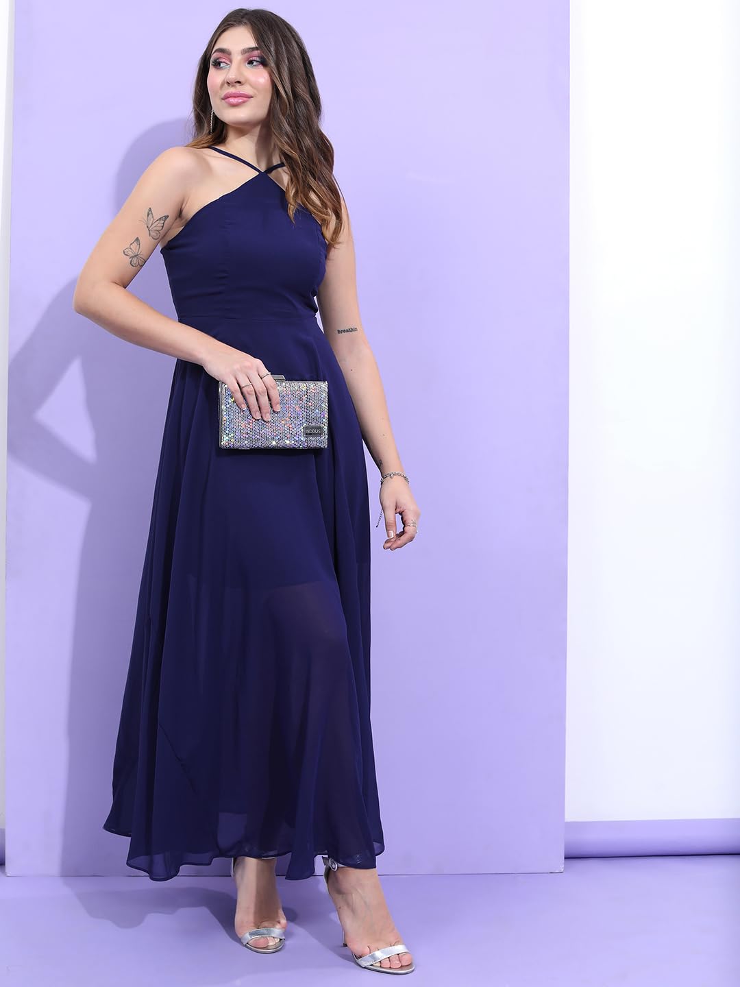 Outform Women's Halter Neck Flowy Maxi Dress | Cinched Waist | Elegant & Airy Silhouette