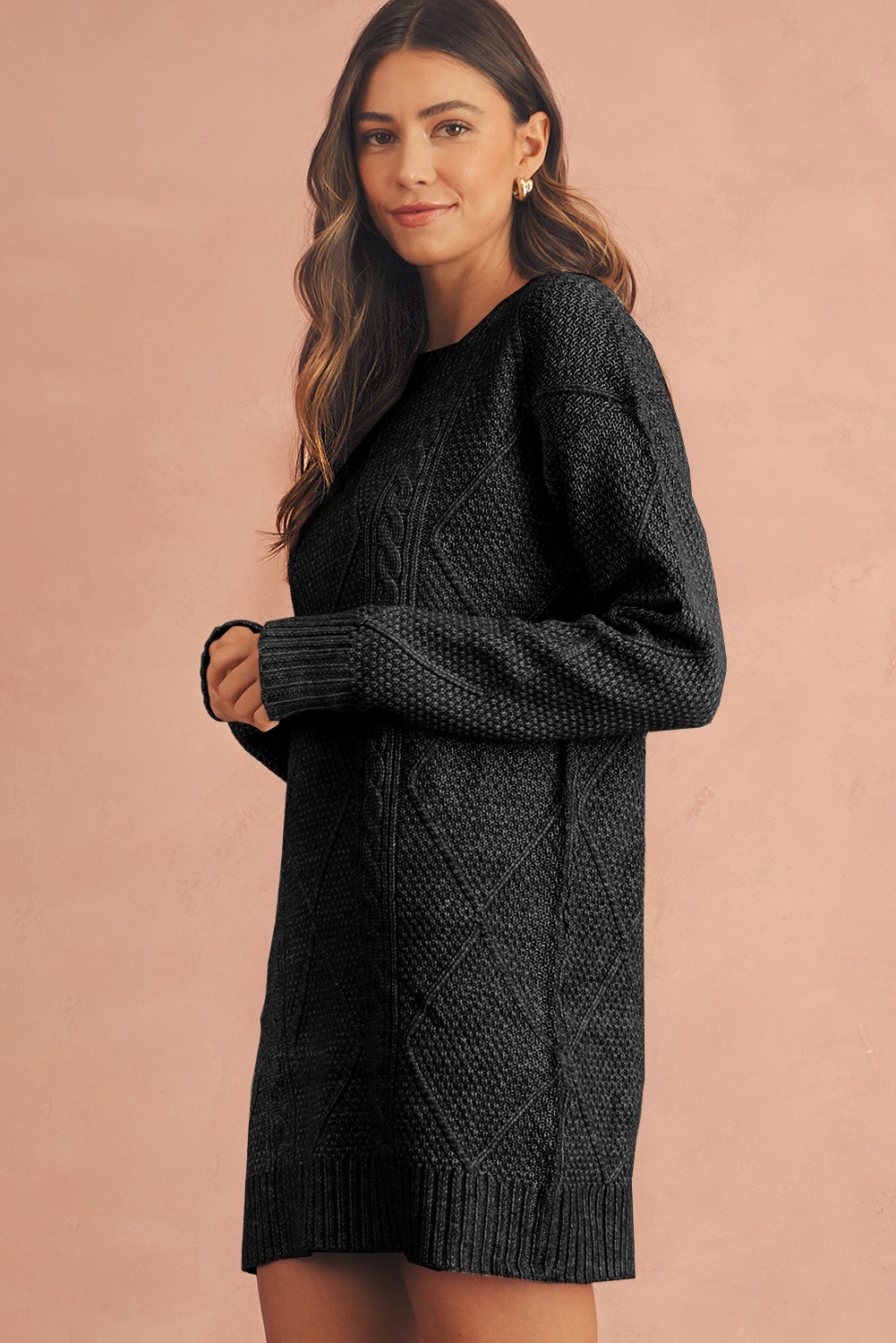 Outform Black Twist Cable Knit Drop Shoulder Loose Fit Sweater Dress