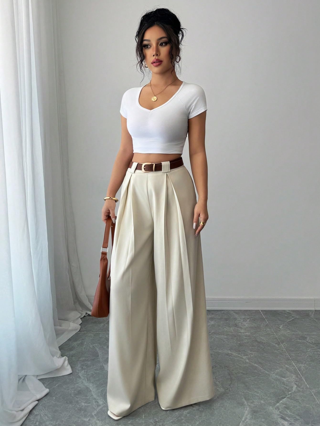 Aahwan Solid High Waist Straight Korean Loose Pleated Wide Leg Trouser for Women's & Girl's