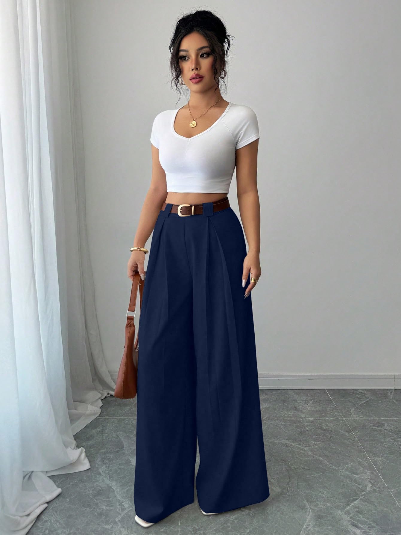 Aahwan Solid High Waist Straight Korean Loose Pleated Wide Leg Trouser for Women's & Girl's