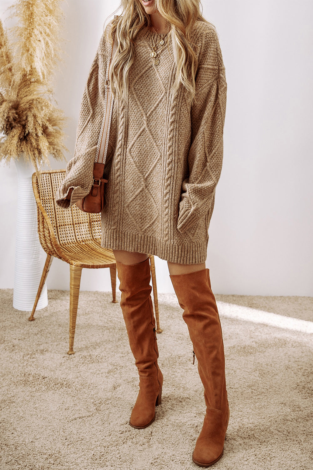 Outform Black Twist Cable Knit Drop Shoulder Loose Fit Sweater Dress
