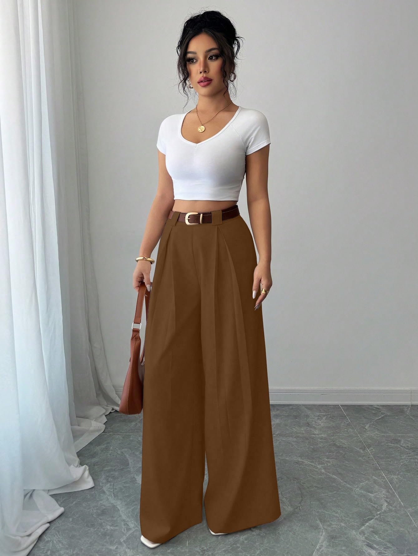 Aahwan Solid High Waist Straight Korean Loose Pleated Wide Leg Trouser for Women's & Girl's