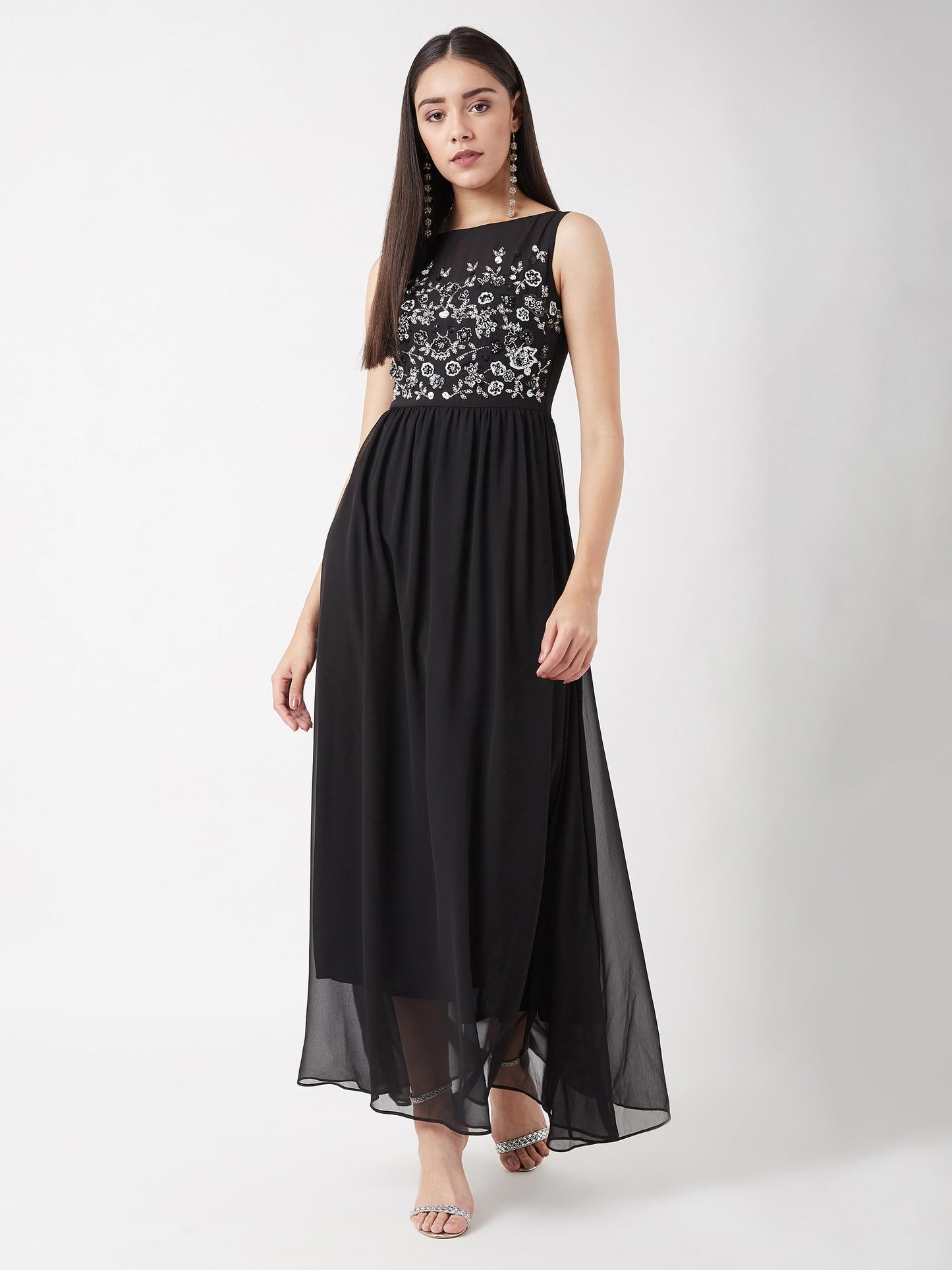 Outform Women's Dusty Pink Boat Neck Sleeveless Embellished Gathered Regular Dress