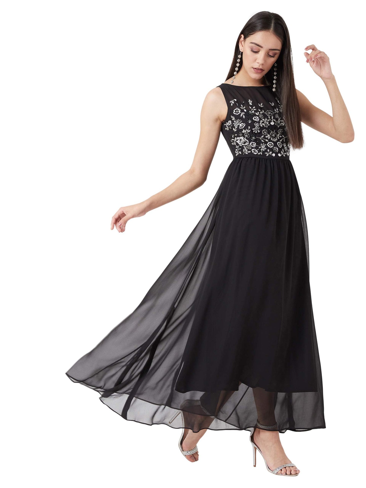 Outform Women's Dusty Pink Boat Neck Sleeveless Embellished Gathered Regular Dress
