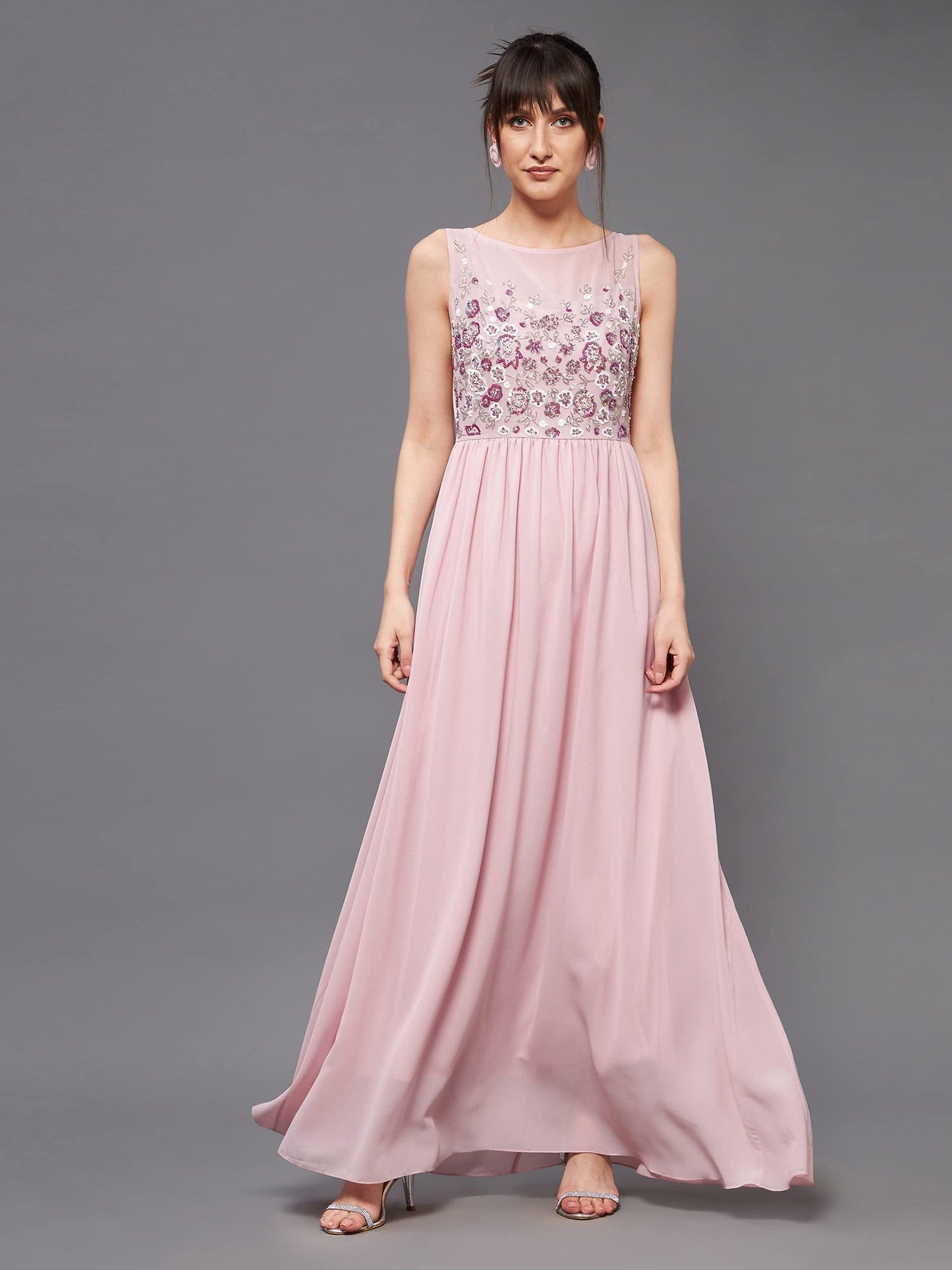 Outform Women's Dusty Pink Boat Neck Sleeveless Embellished Gathered Regular Dress