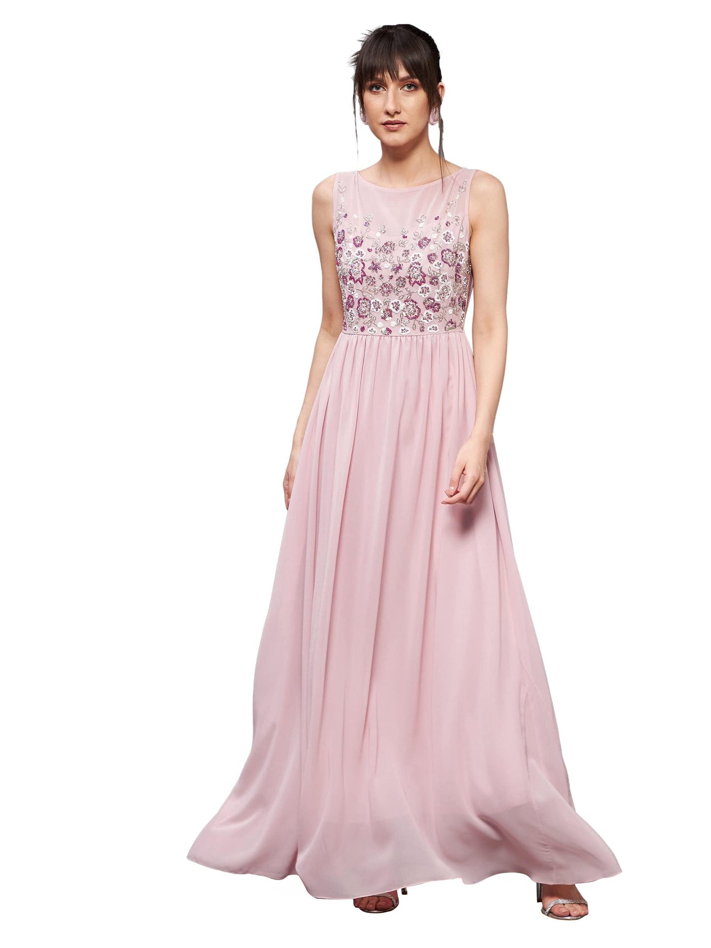 Outform Women's Dusty Pink Boat Neck Sleeveless Embellished Gathered Regular Dress