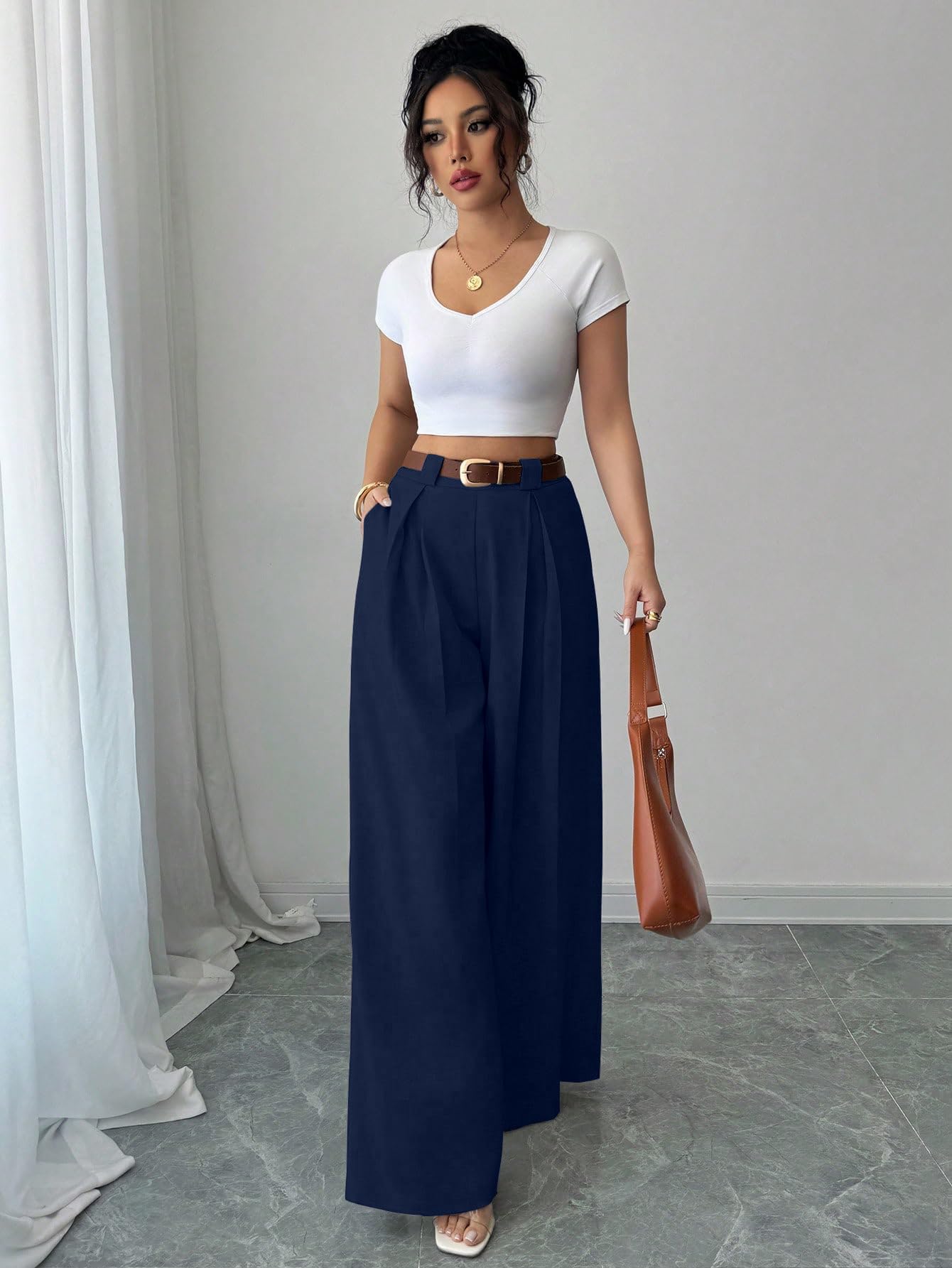 Aahwan Solid High Waist Straight Korean Loose Pleated Wide Leg Trouser for Women's & Girl's