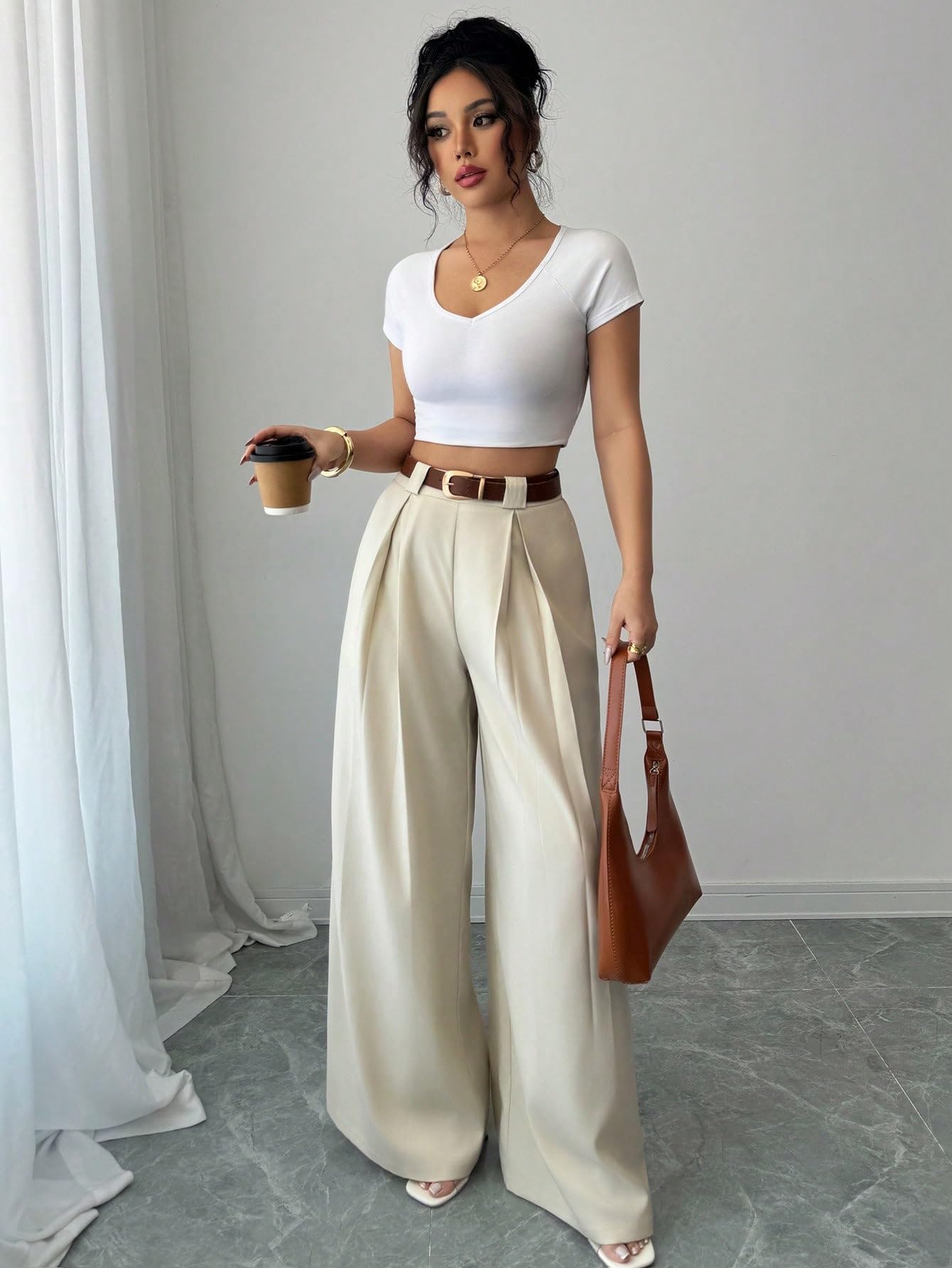 Aahwan Solid High Waist Straight Korean Loose Pleated Wide Leg Trouser for Women's & Girl's