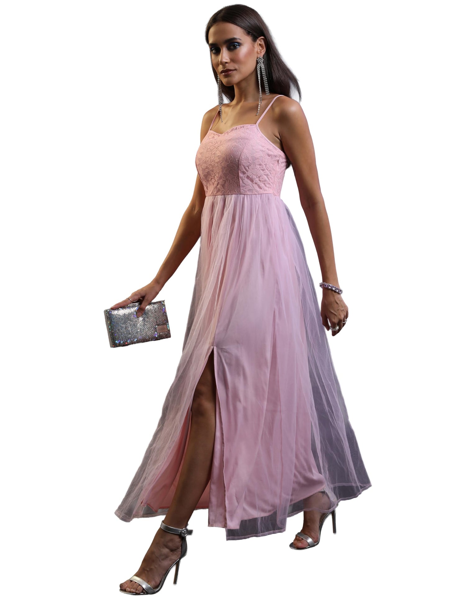 Outform Women's Pink Lace Maxi Slit Dress | Sleeveless Party Dress