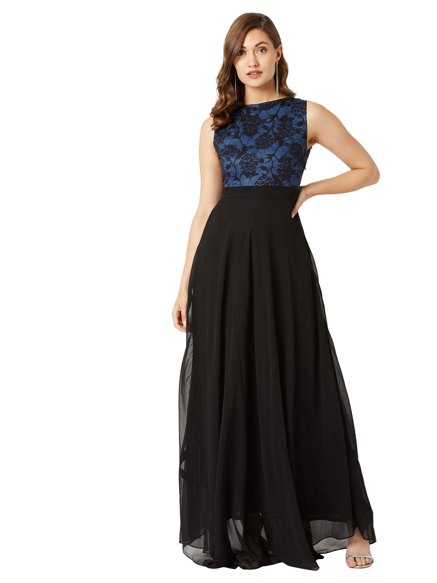 Outform Women's Brick Red & Dusty Green Boat Neck Sleeveless Lace Overlaid Regular Dress