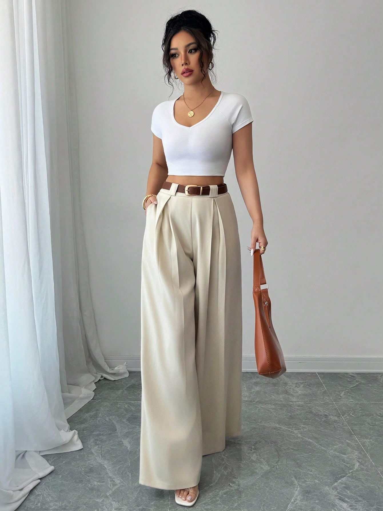 Aahwan Solid High Waist Straight Korean Loose Pleated Wide Leg Trouser for Women's & Girl's