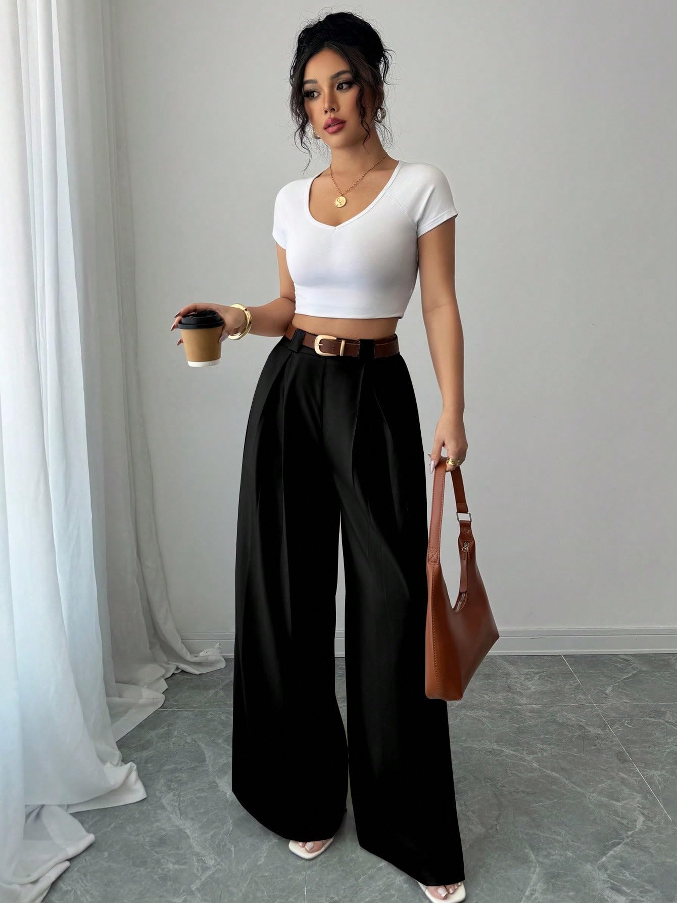 Aahwan Solid High Waist Straight Korean Loose Pleated Wide Leg Trouser for Women's & Girl's