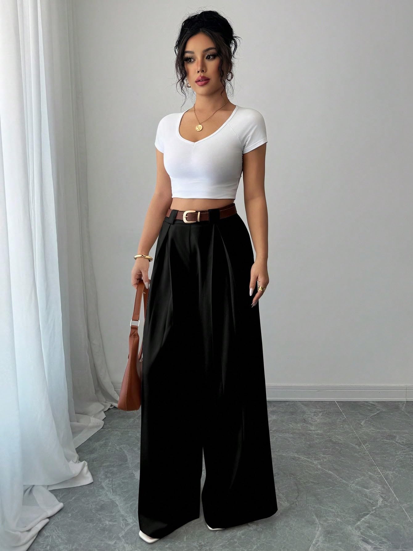 Aahwan Solid High Waist Straight Korean Loose Pleated Wide Leg Trouser for Women's & Girl's