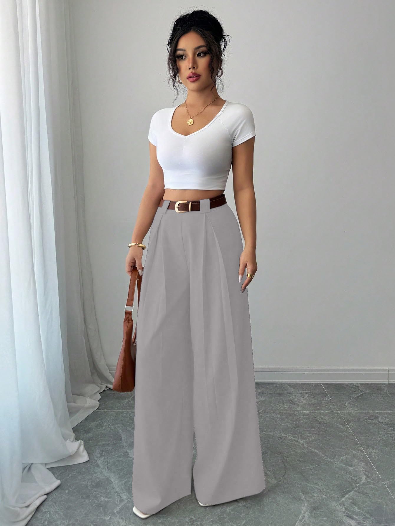Aahwan Solid High Waist Straight Korean Loose Pleated Wide Leg Trouser for Women's & Girl's