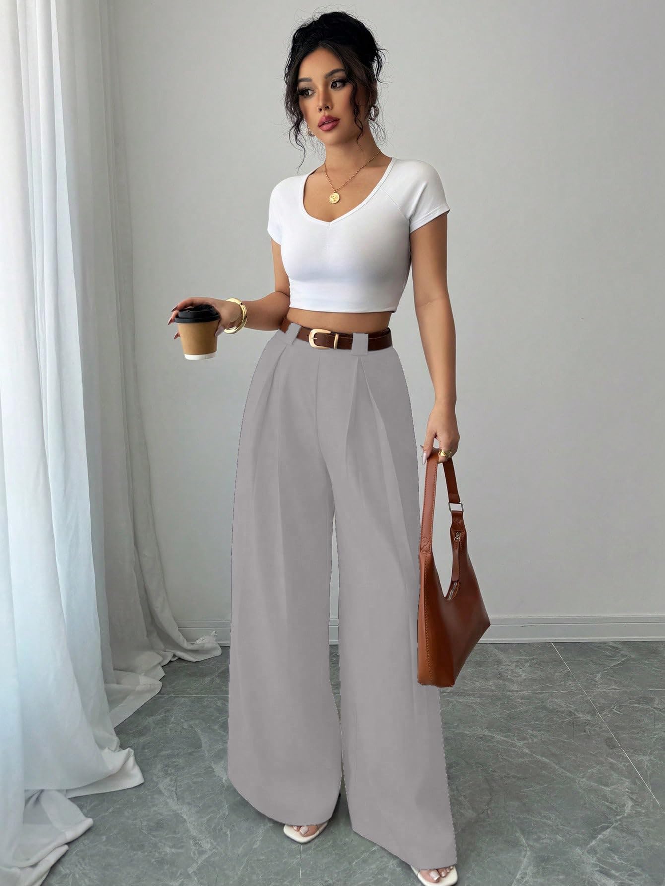 Aahwan Solid High Waist Straight Korean Loose Pleated Wide Leg Trouser for Women's & Girl's