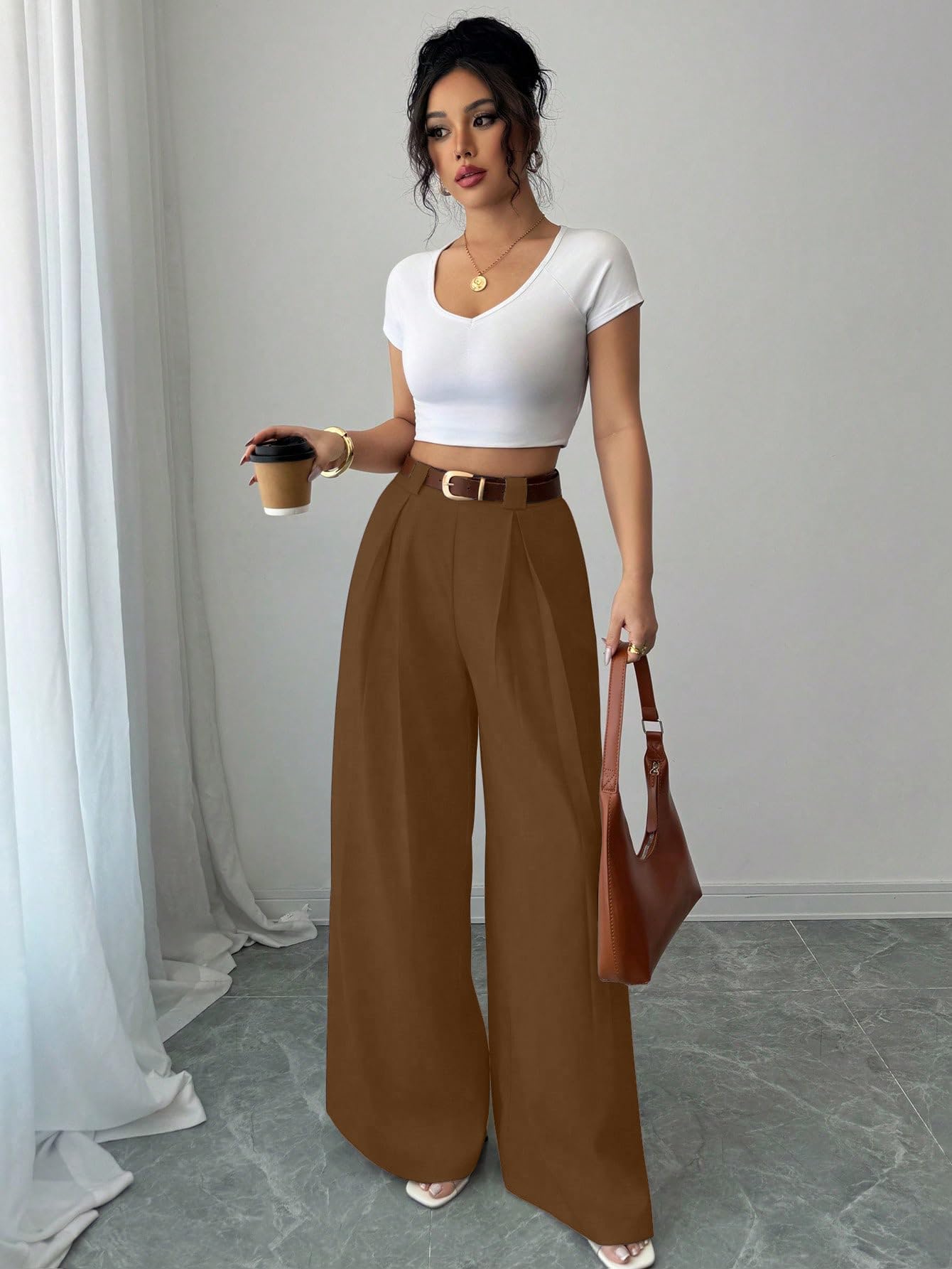 Aahwan Solid High Waist Straight Korean Loose Pleated Wide Leg Trouser for Women's & Girl's