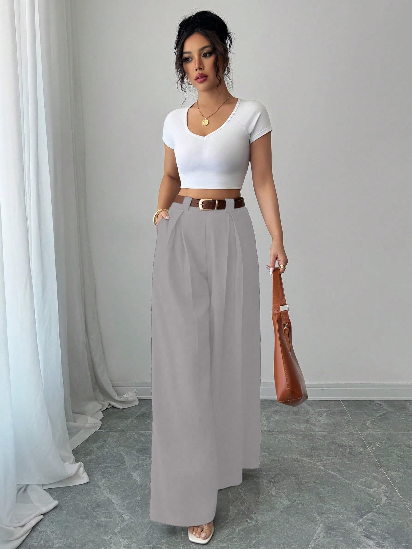 Aahwan Solid High Waist Straight Korean Loose Pleated Wide Leg Trouser for Women's & Girl's