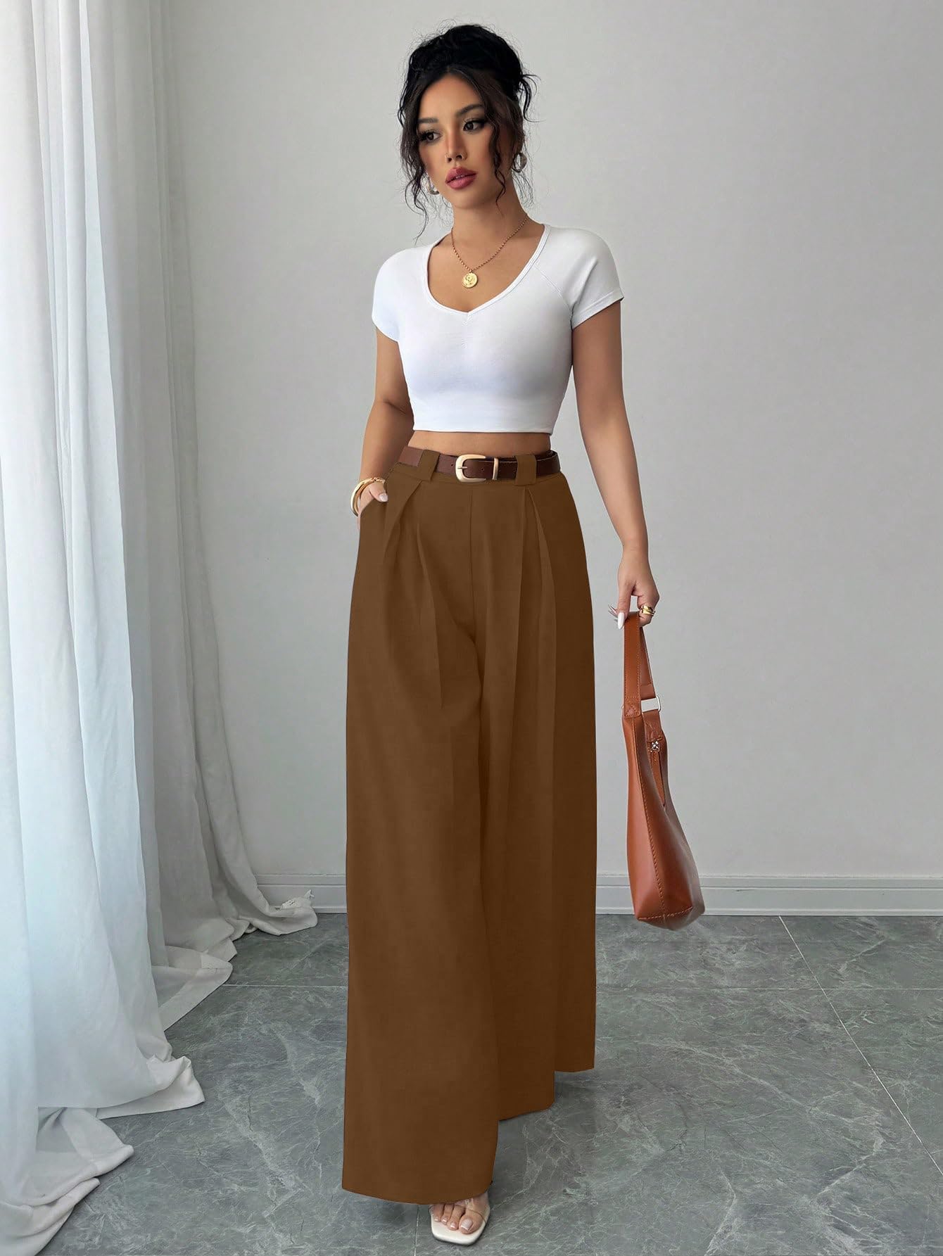 Aahwan Solid High Waist Straight Korean Loose Pleated Wide Leg Trouser for Women's & Girl's