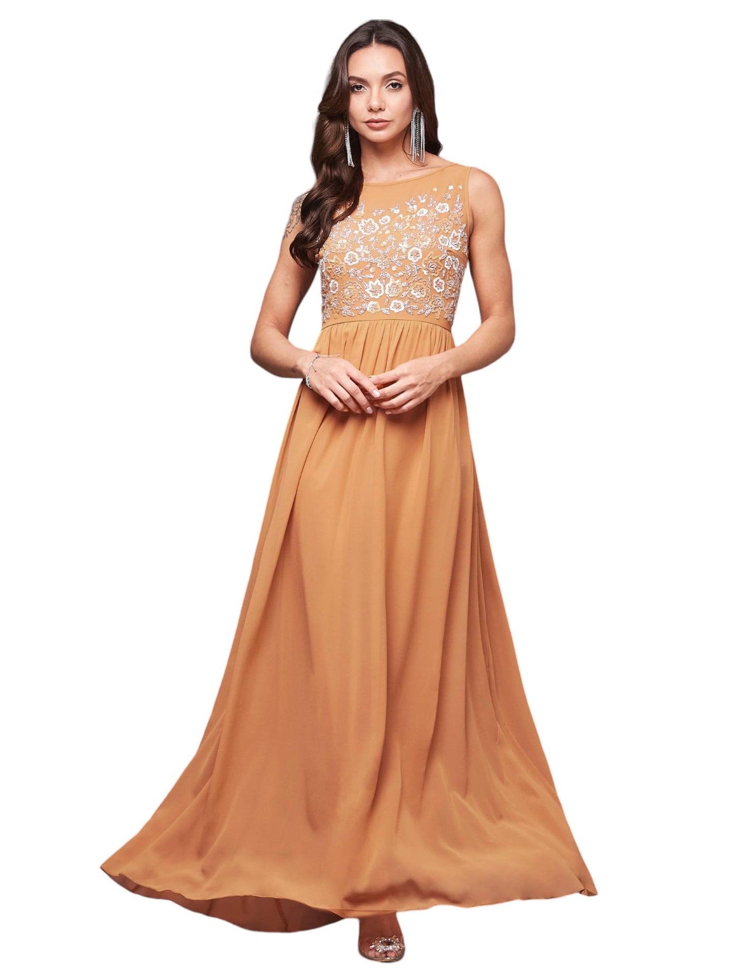Outform Women's Dusty Pink Boat Neck Sleeveless Embellished Gathered Regular Dress