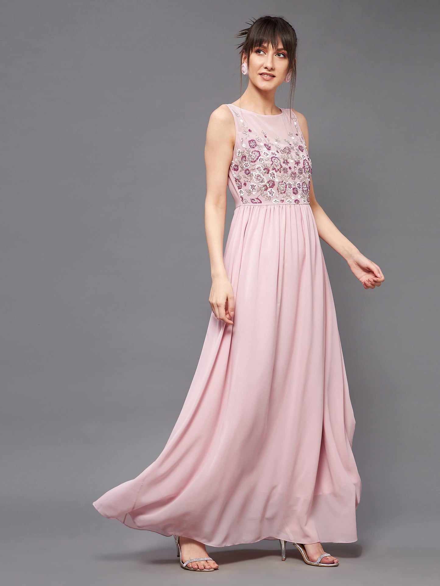 Outform Women's Dusty Pink Boat Neck Sleeveless Embellished Gathered Regular Dress