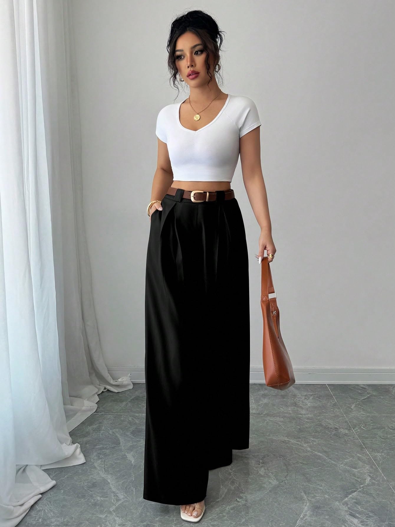 Aahwan Solid High Waist Straight Korean Loose Pleated Wide Leg Trouser for Women's & Girl's