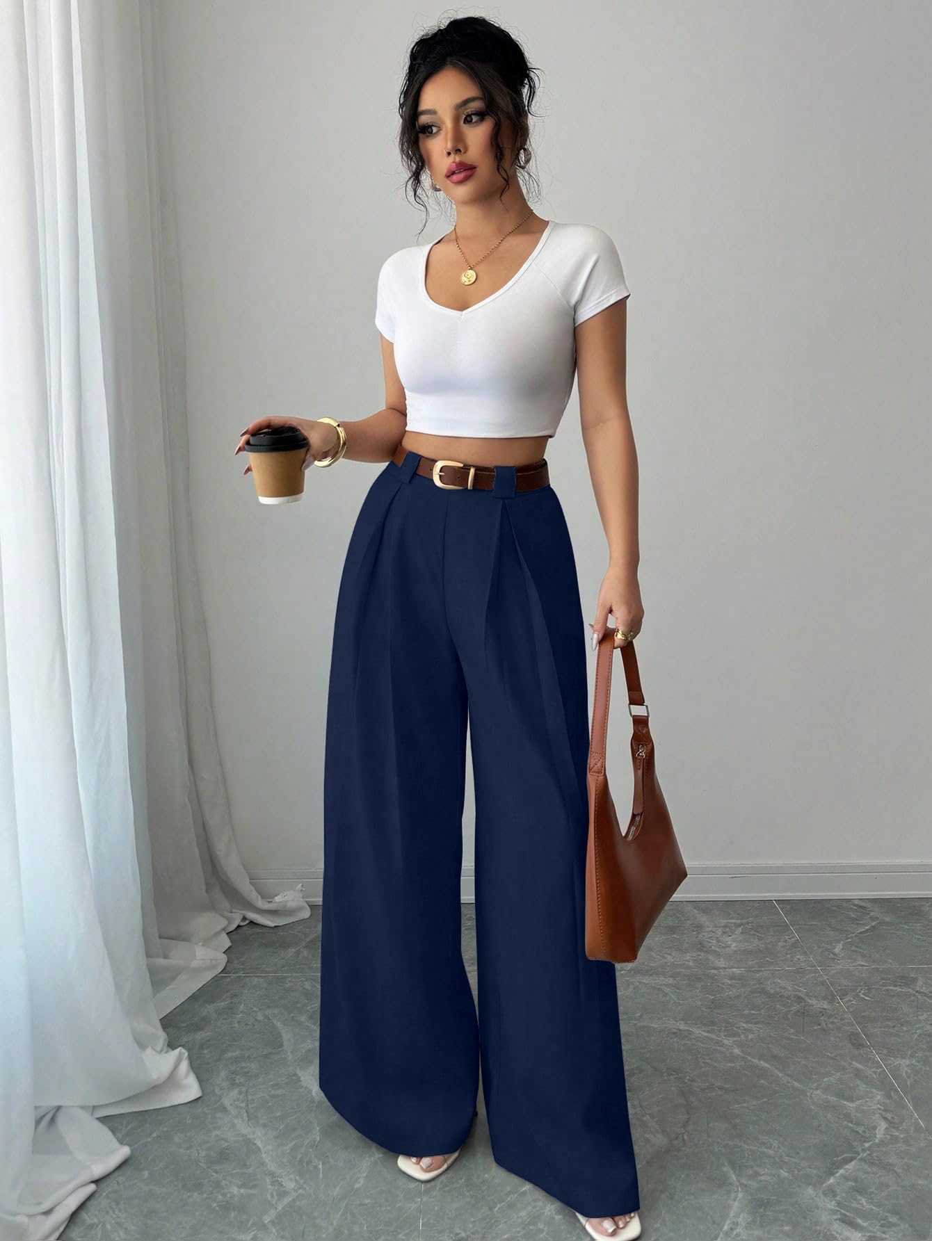 Aahwan Solid High Waist Straight Korean Loose Pleated Wide Leg Trouser for Women's & Girl's