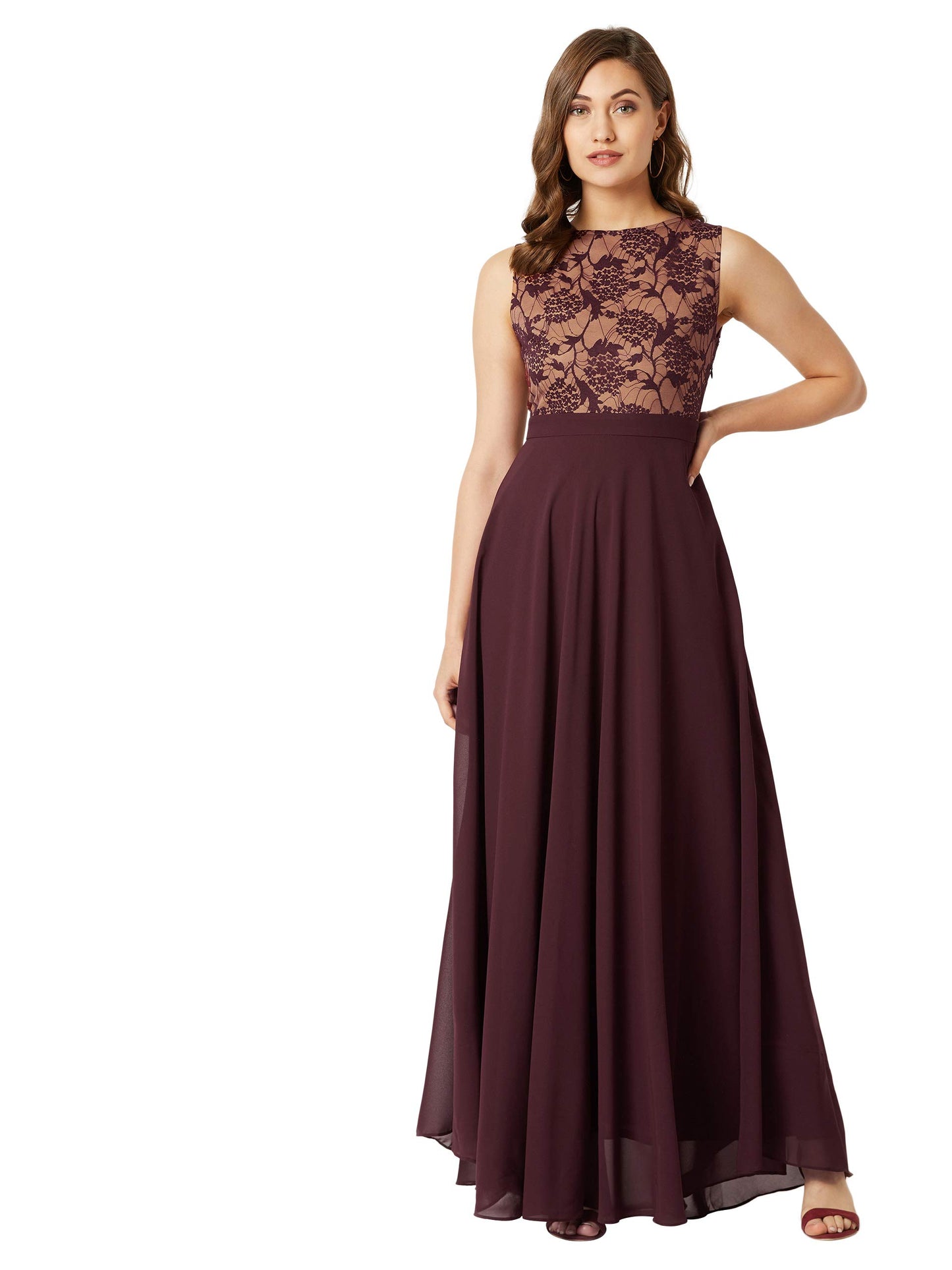 Outform Women's Brick Red & Dusty Green Boat Neck Sleeveless Lace Overlaid Regular Dress