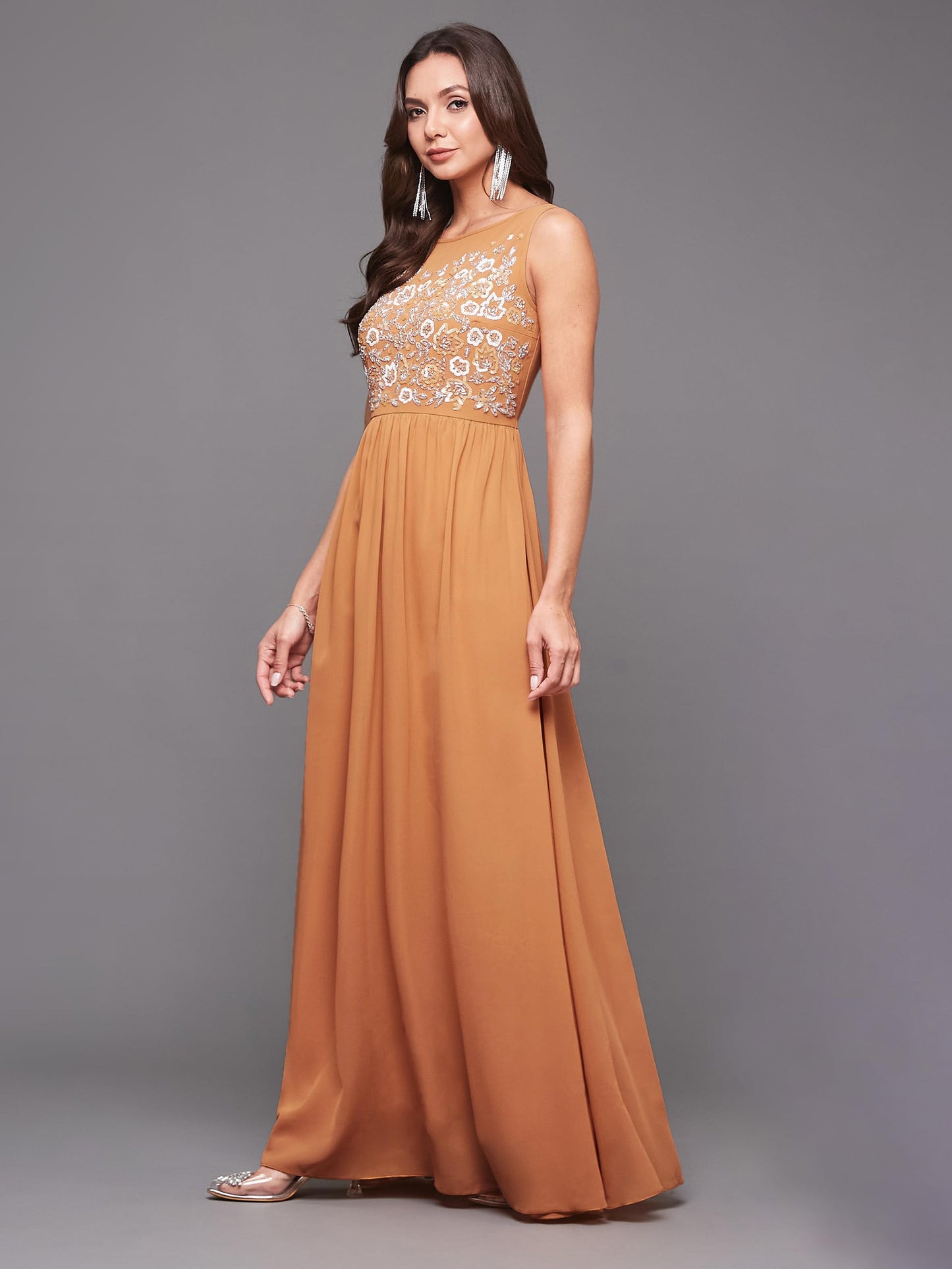 Outform Women's Dusty Pink Boat Neck Sleeveless Embellished Gathered Regular Dress