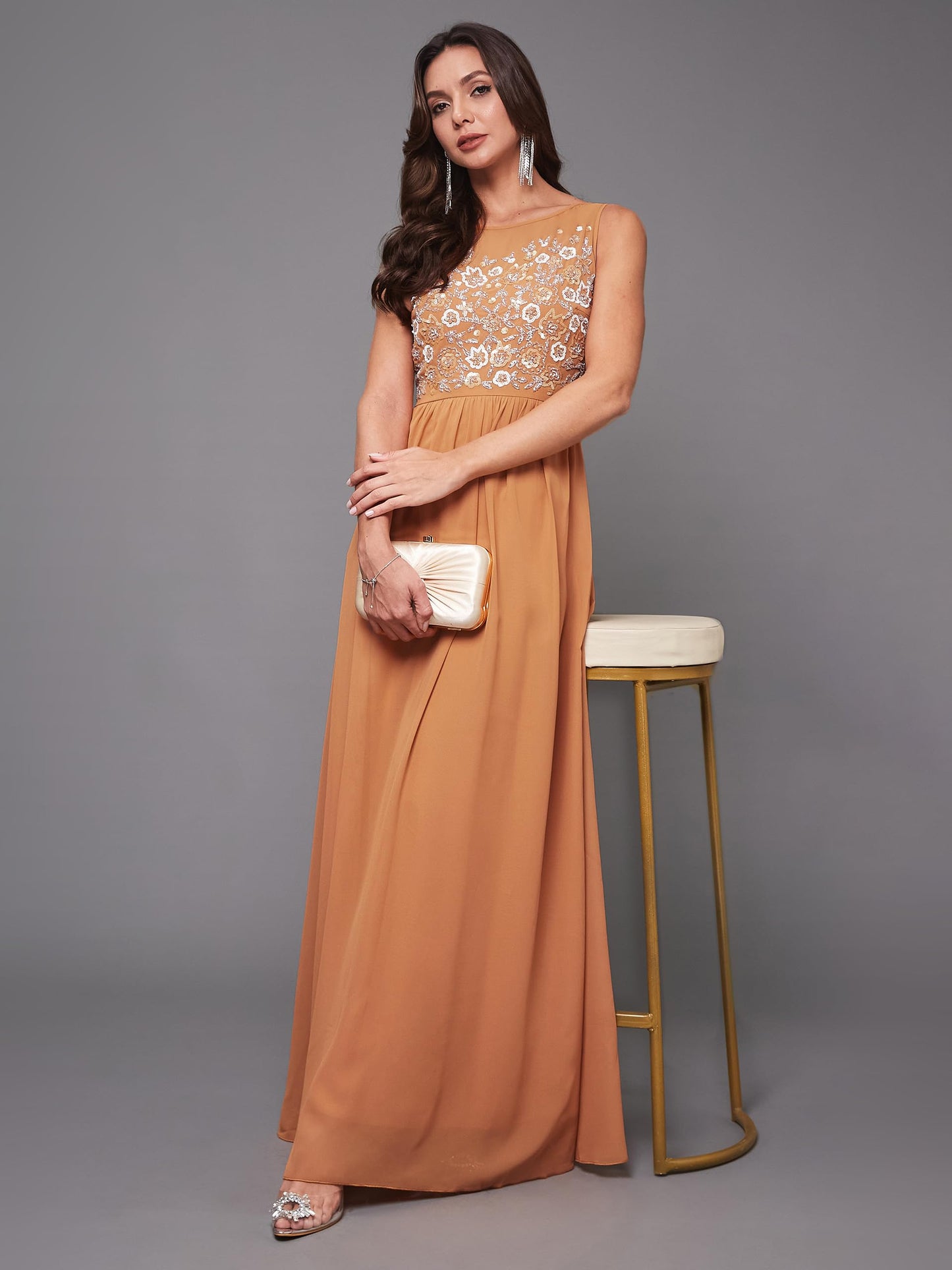 Outform Women's Dusty Pink Boat Neck Sleeveless Embellished Gathered Regular Dress