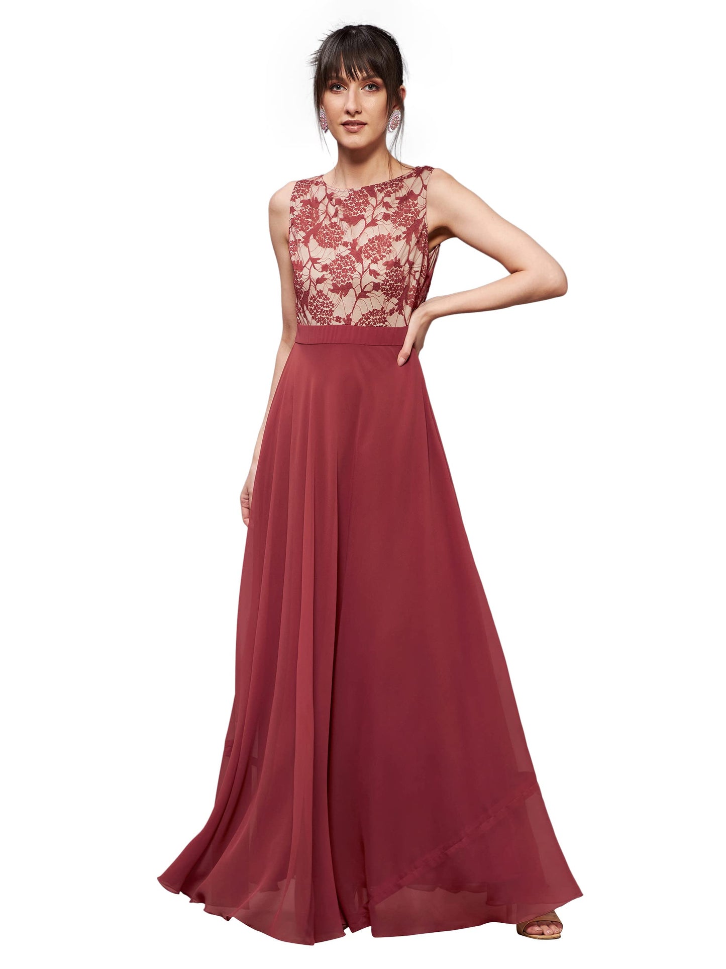Outform Women's Brick Red & Dusty Green Boat Neck Sleeveless Lace Overlaid Regular Dress