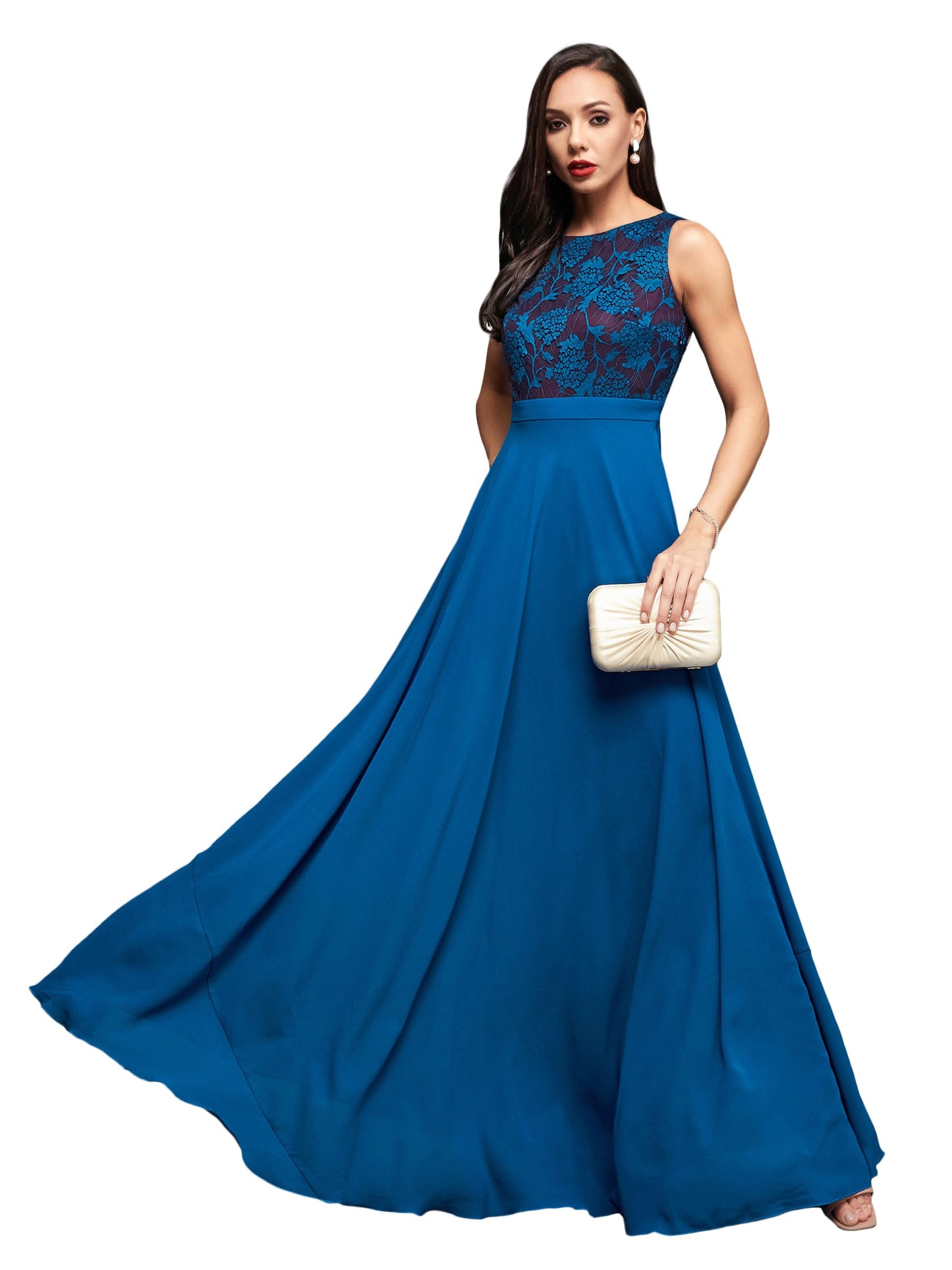 Outform Women's Brick Red & Dusty Green Boat Neck Sleeveless Lace Overlaid Regular Dress