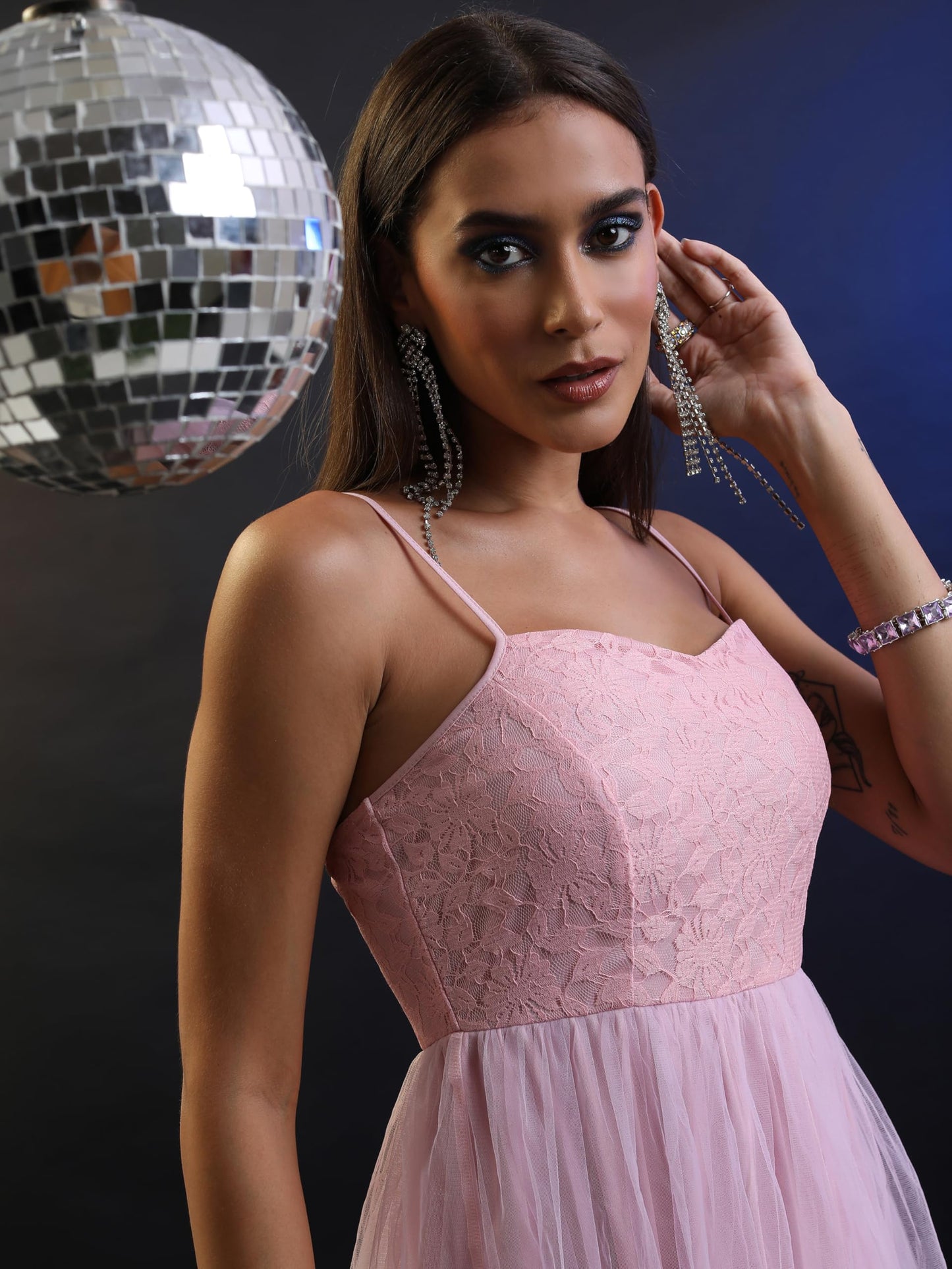 Outform Women's Pink Lace Maxi Slit Dress | Sleeveless Party Dress