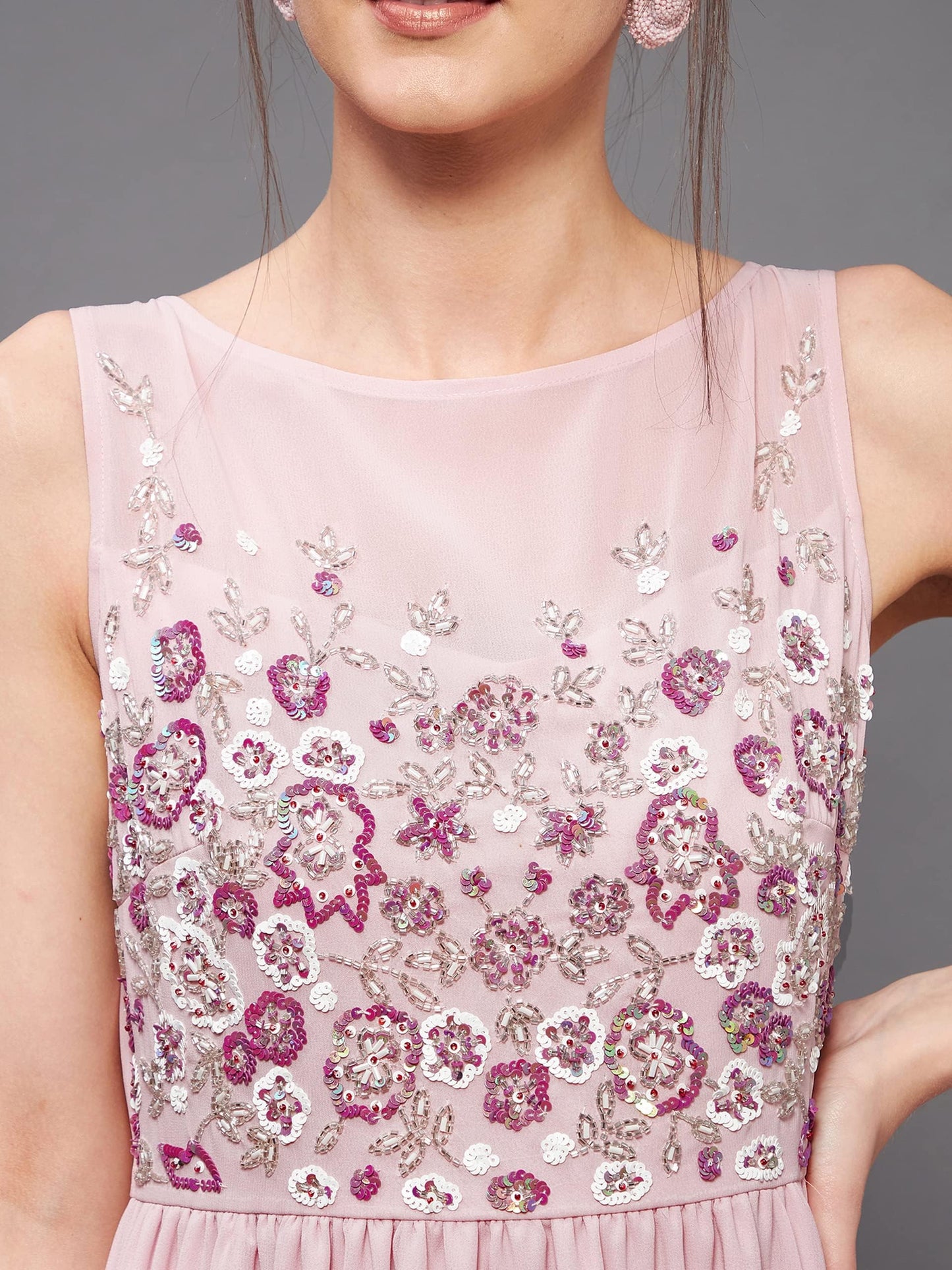Outform Women's Dusty Pink Boat Neck Sleeveless Embellished Gathered Regular Dress