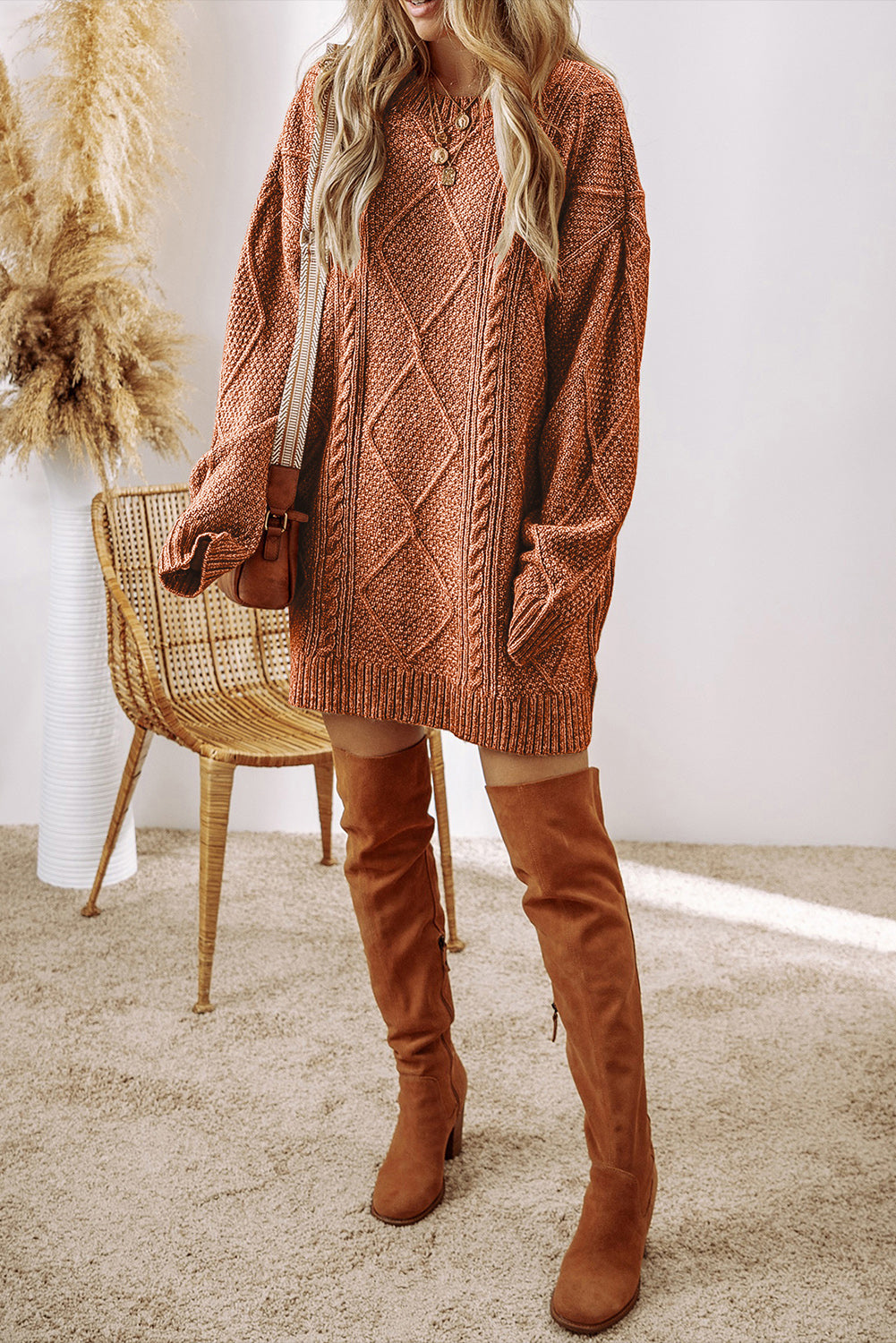 Outform Black Twist Cable Knit Drop Shoulder Loose Fit Sweater Dress
