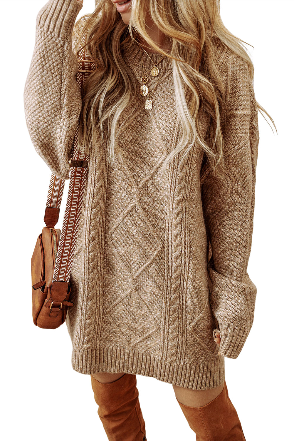Outform Black Twist Cable Knit Drop Shoulder Loose Fit Sweater Dress