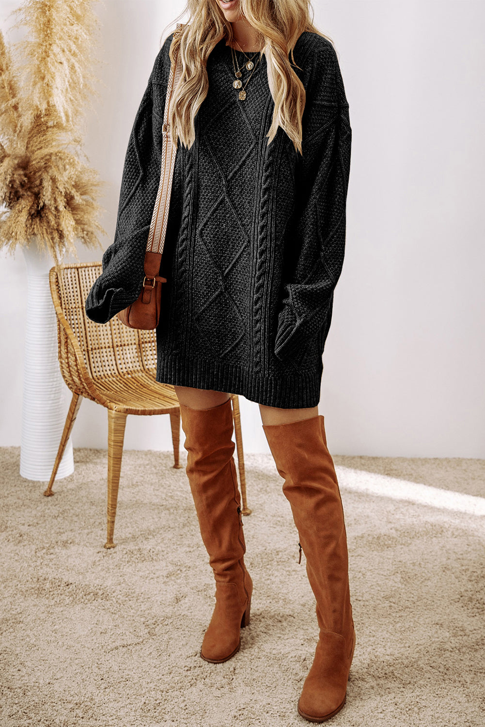 Outform Black Twist Cable Knit Drop Shoulder Loose Fit Sweater Dress